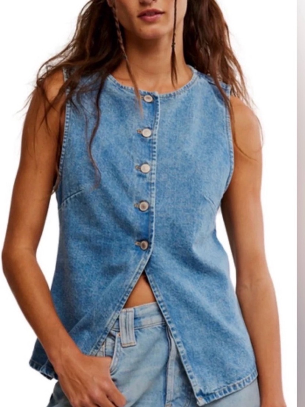 We The Free Light Blue Denim Button-Front Tank